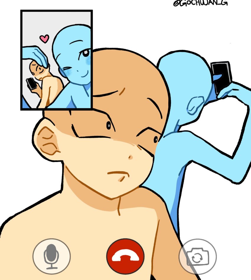 2others, ;), bald, blush, closed_mouth, commentary_request, fake_phone_screenshot, fake_screenshot