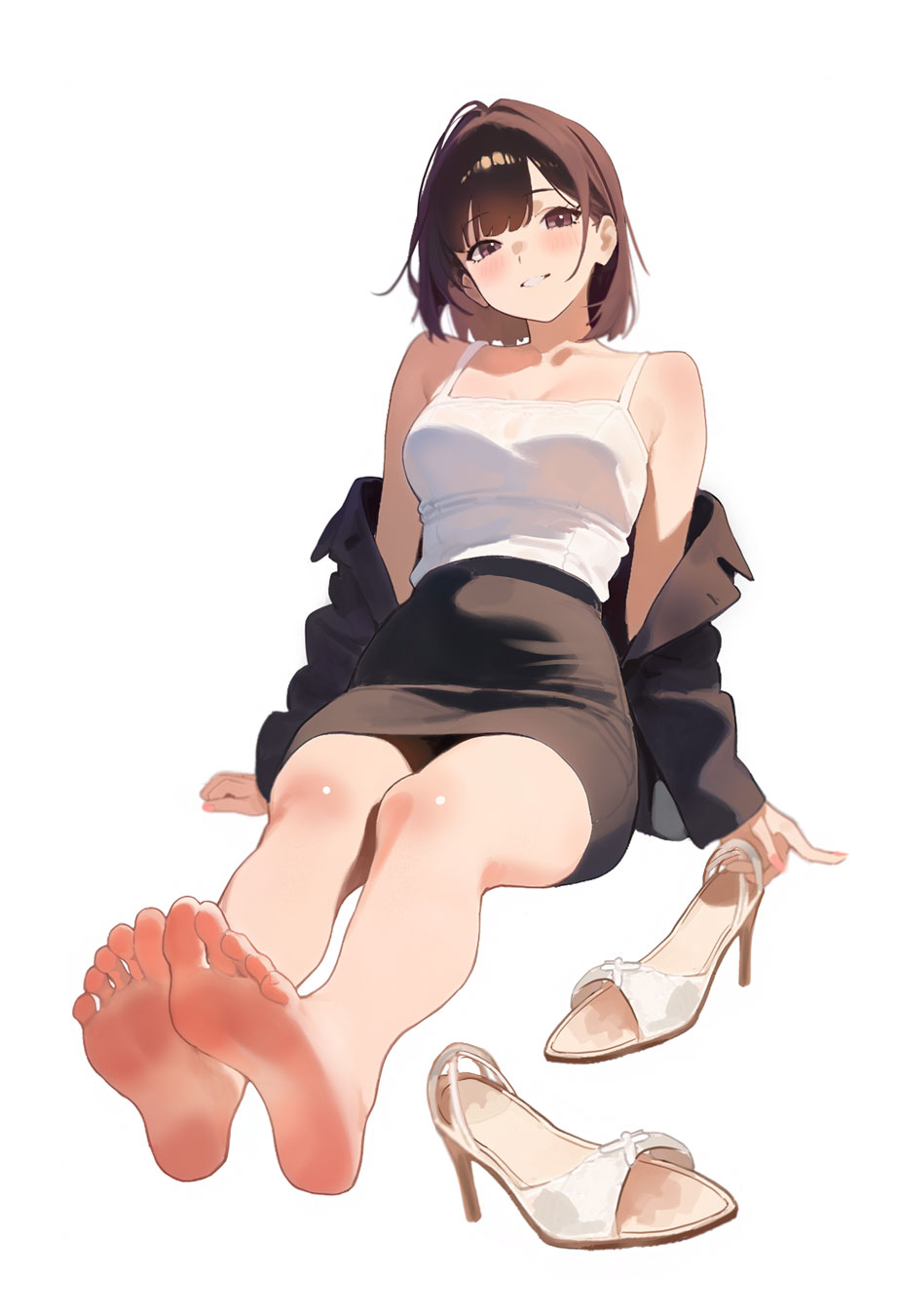 1girl, bare_legs, bare_shoulders, barefoot, black_jacket, black_skirt, blush, breasts, brown_eyes, brown_hair, cleavage, collarbone, commentary, davoxime, english_commentary, eyelashes, feet, foot_focus, high-waist_skirt, high_heel_sandals, high_heels, highres, jacket, legs, legs_together, looking_at_viewer, medium_breasts, medium_hair, miniskirt, off_shoulder, office_lady, open_clothes, open_jacket, original, parted_lips, revision, sandals, shadow, simple_background, sitting, skirt, soles, solo, toenails, toes, unworn_sandals, white_background, white_sandals