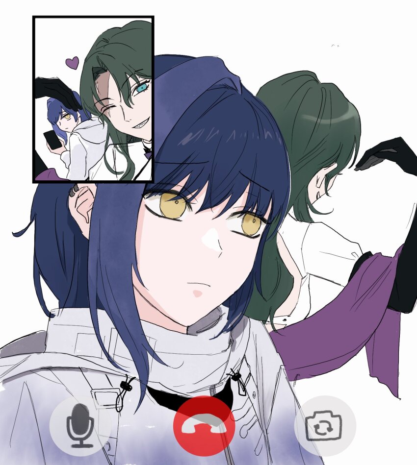 2girls, ;d, aqua_eyes, backless_outfit, blue_hair, closed_mouth, commentary_request, crache_(path_to_nowhere)