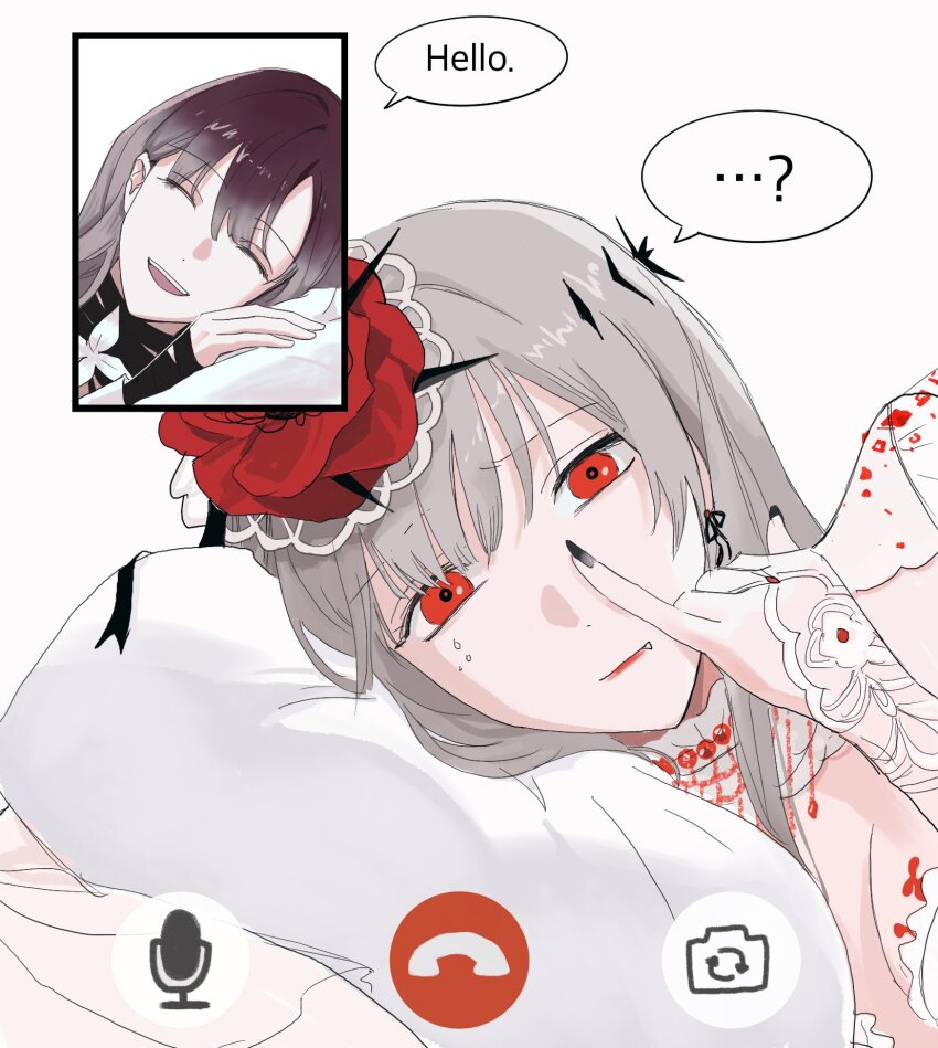 2girls, :d, ^_^, breasts, brown_hair, cleavage, closed_eyes, commentary_request