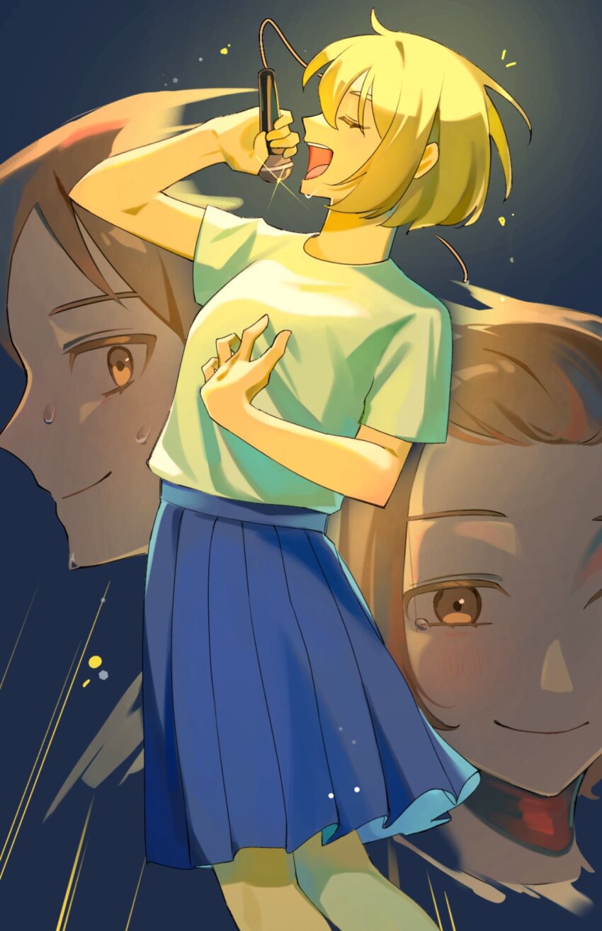 1boy, 2girls, bangs_pinned_back, blue_skirt, bob_cut, brown_eyes, brown_hair, closed_eyes