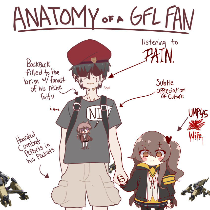 1boy, 1girl, :3, absurdres, anatomy_of_a_gamer_(meme), arms_at_sides, arrow_(symbol), beret, black_hair, black_jacket, black_skirt, blush_stickers, brown_hair, brown_pants, cargo_pants, closed_mouth, commander_(girls'_frontline), cowboy_shot, crying, english_text, girls'_frontline, grey_shirt, hair_between_eyes, hat, height_difference, highres, holding_hands, hood, hooded_jacket, jacket, long_hair, long_sleeves, looking_at_viewer, m200_(girls'_frontline), manticore_(girls'_frontline), meme, microskirt, open_clothes, open_jacket, orange_eyes, pants, pleated_skirt, profanity, red_hat, robot, shaded_face, shirt, short_hair, short_sleeves, side-by-side, side_ponytail, simple_background, skirt, smart_oval, smile, standing, straight-on, streaming_tears, t-shirt, tears, ump45_(girls'_frontline), white_background