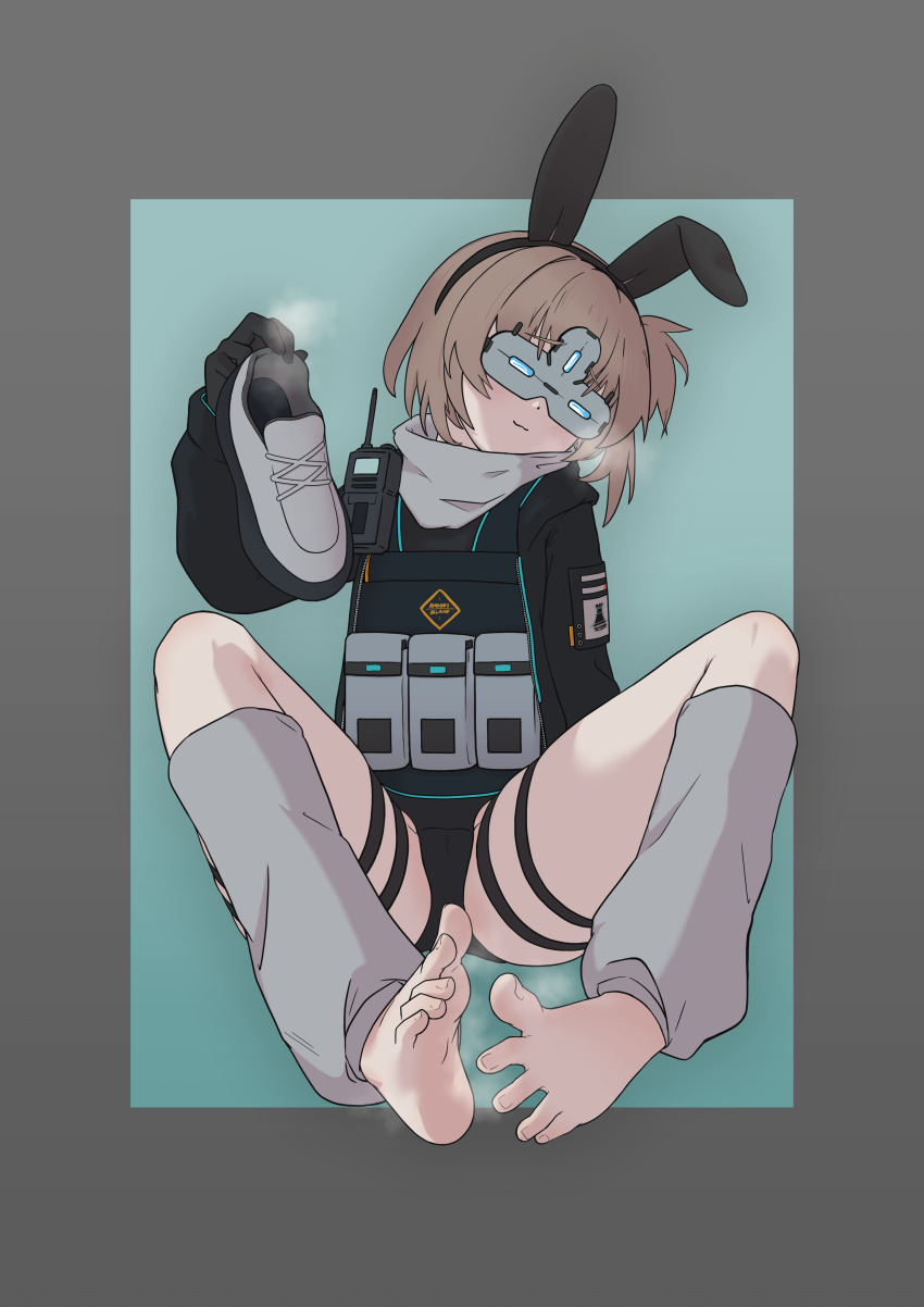 absurdres, animal_ears, arknights, black_hairband, black_pantyhose, feet, gloves, grey_leg_warmers, hairband, highres, holding, holding_shoes, holding_unworn_clothes, leafcarpet_(arknights), leg_warmers, legs, loose_socks, pantyhose, rabbit_ears, rabbit_girl, shoes, smell, smug, socks, sokolov_(sylviasokolova), steam, steaming_body, unworn_shoes