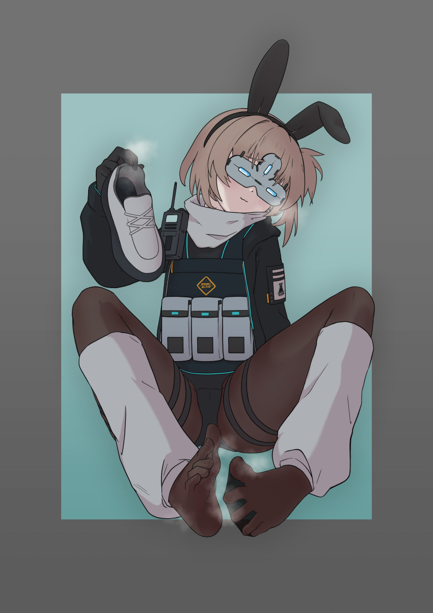 absurdres, animal_ears, arknights, black_hairband, black_pantyhose, feet, gloves, grey_leg_warmers, hairband, highres, holding, holding_shoes, holding_unworn_clothes, leafcarpet_(arknights), leg_warmers, legs, loose_socks, pantyhose, rabbit_ears, rabbit_girl, shoes, smell, smug, socks, sokolov_(sylviasokolova), steam, steaming_body, unworn_shoes