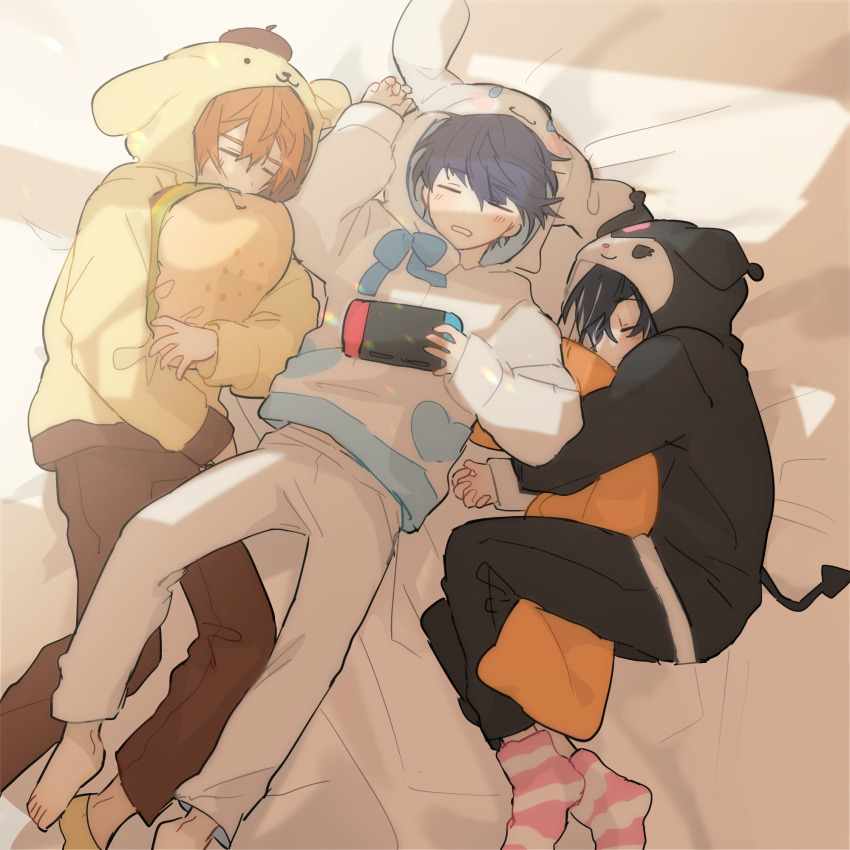beelzebub_(obey_me!), belphegor_(obey_me!), blue_hair, brothers, cinnamoroll, closed_eyes, cuddling, demon