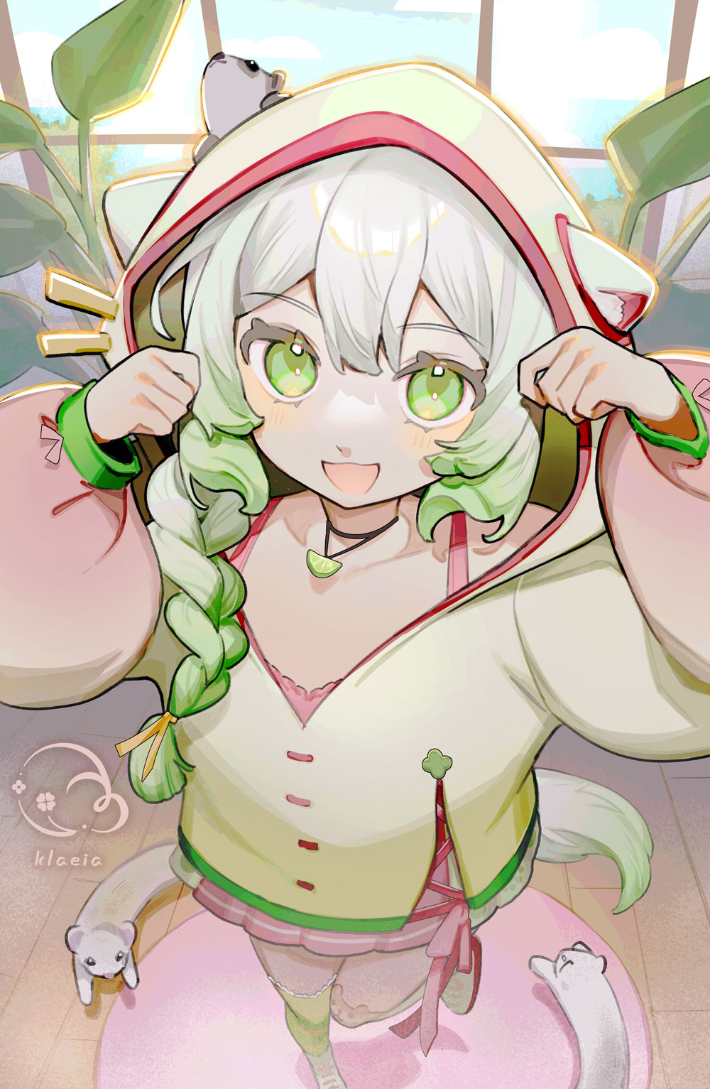 1girl, 3others, animal_ears, artist_name, asymmetrical_legwear, blue_sky, blush, braid