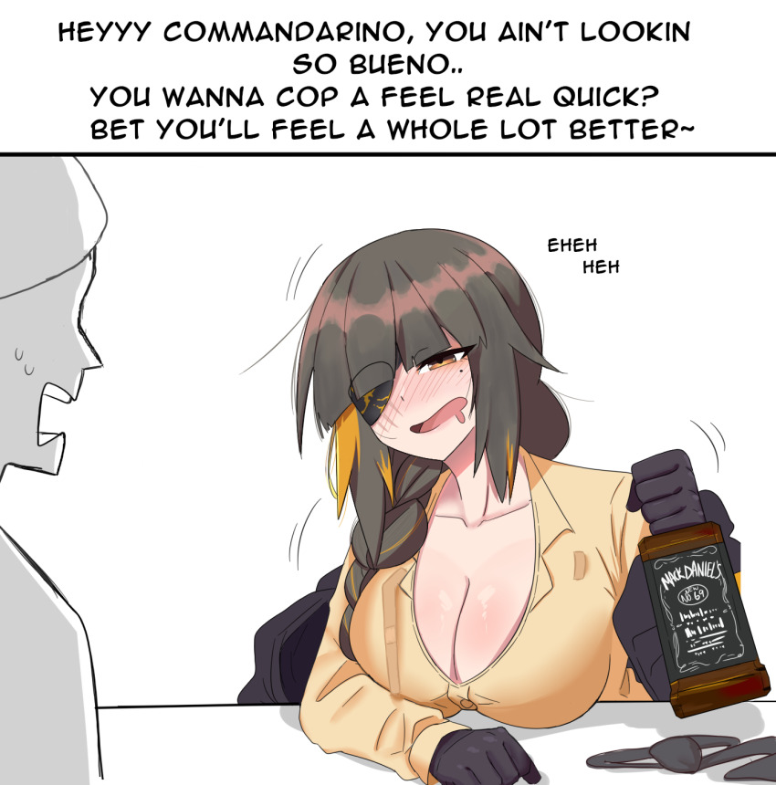 1boy, 1girl, alcohol, black_gloves, blonde_hair, blush, boobs?_wanna_touch_boobs?_(meme), braid