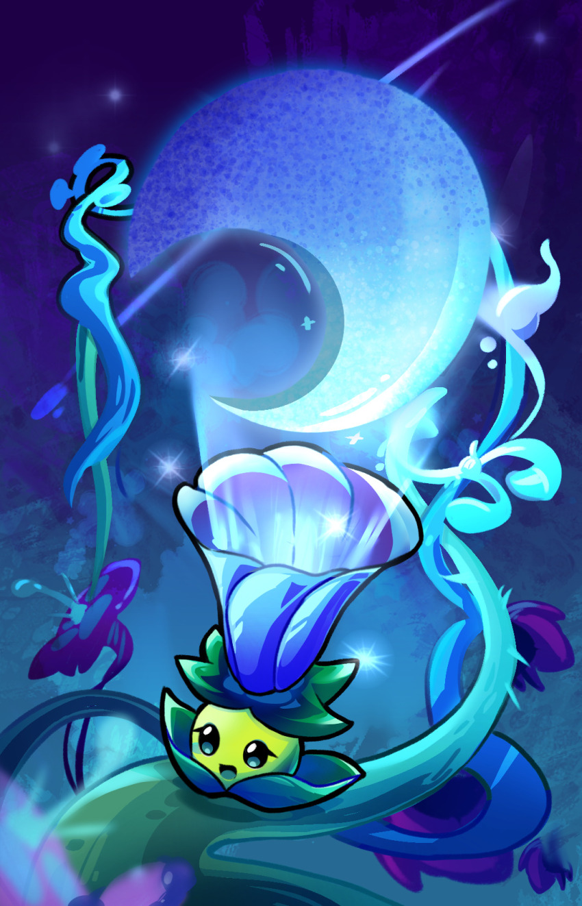 :d, aqua_eyes, blue_flower, blue_theme, chinese_commentary, commentary_request, crescent_moon, flower