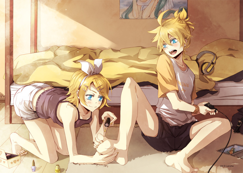 1boy, 1girl, ahoge, barefoot, blonde_hair, blue_eyes, blush, brother_and_sister, casual, controller, feet, game_controller, hair_ornament, hairclip, hands_on_feet, headphones, kagamine_len, kagamine_rin, lancha, nail_polish, open_mouth, applying_pedicure, poster_(medium), poster_(object), ribbon, short_hair, siblings, soles, toenail_polish, toenails, toes, vocaloid