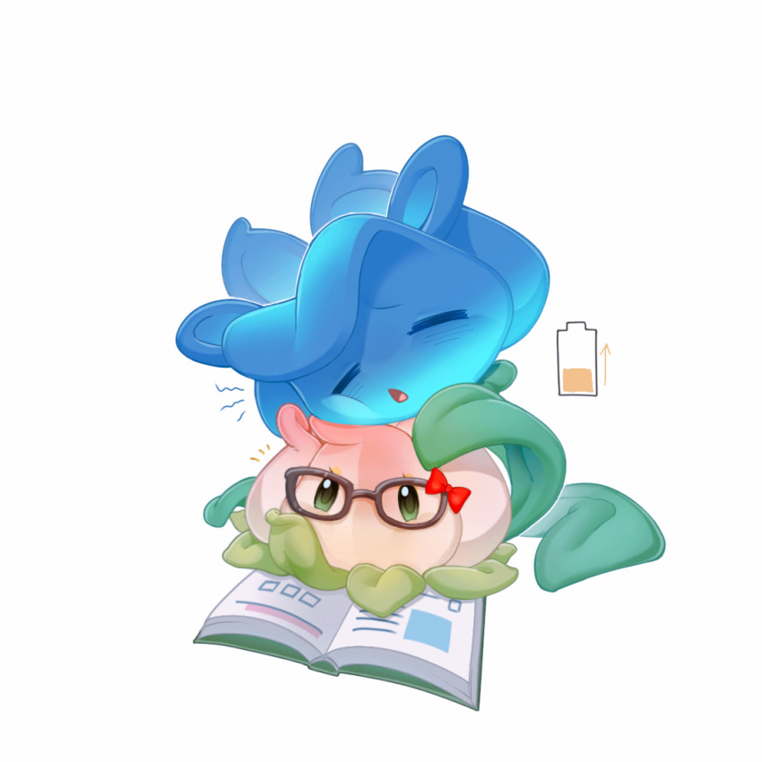 ^_^, arrow_(symbol), battery_indicator, black-framed_eyewear, blue_flower, blue_rose, book, bow