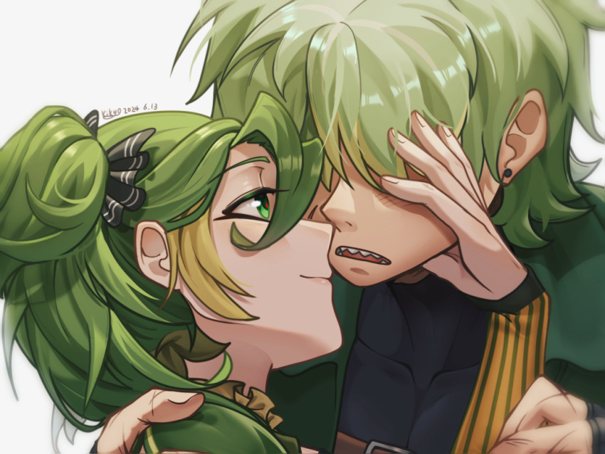1boy, 1girl, 2024, black_bow, black_gloves, black_shirt, blonde_hair, boom_balloon_flower_(plants_vs._zombies), bow, chinese_commentary, closed_mouth, collarbone, collared_jacket, commentary_request, covered_eyes, dated, earrings, face-to-face, facing_another, fingerless_gloves, fingernails, frills, gloves, green_eyes, green_hair, green_jacket, hair_between_eyes, hair_bow, hair_over_eyes, hand_on_another's_cheek, hand_on_another's_face, hand_on_another's_shoulder, headbutter_lettuce, jacket, jewelry, long_sleeves, looking_at_another, medium_hair, multicolored_hair, open_clothes, open_jacket, open_mouth, personification, plants_vs._zombies, plants_vs._zombies_2, portrait, profile, sharp_teeth, shirt, side_ponytail, simple_background, smile, streaked_hair, striped_clothes, stud_earrings, teeth, two-tone_hair, veghia, vertical-striped_clothes, white_background
