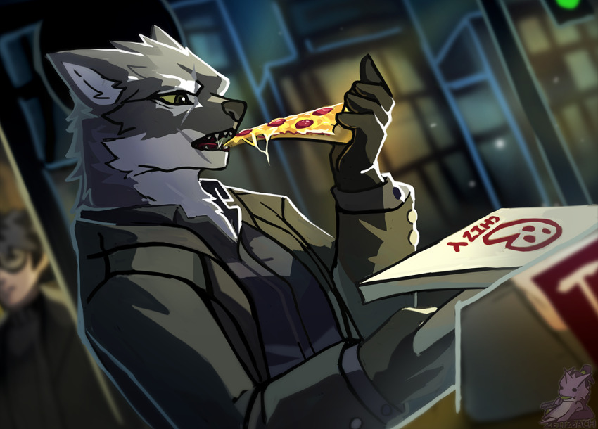 2boys, animal_ears, arknights, artist_logo, artist_name, black_fur, black_hair, black_shirt