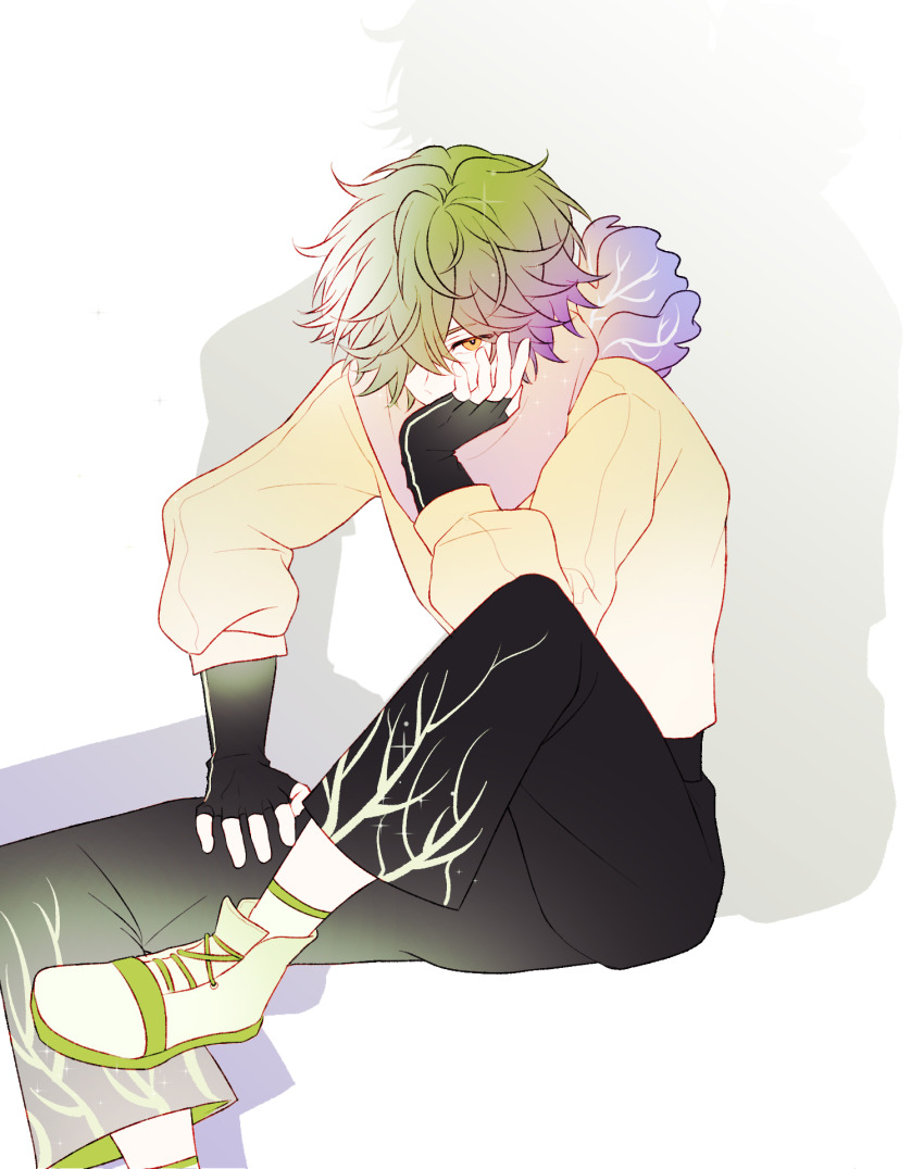 1boy, bishounen, black_gloves, black_pants, chinese_commentary, commentary_request, covered_mouth, fingerless_gloves