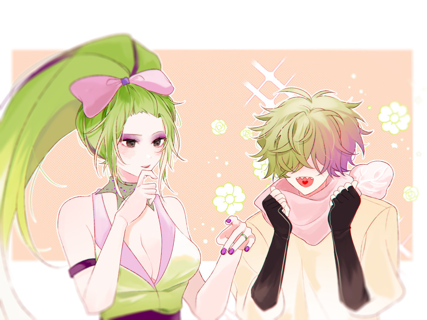 1boy, 1girl, :d, antenna_hair, bangs_pinned_back, bare_arms, bare_shoulders, black_eyes