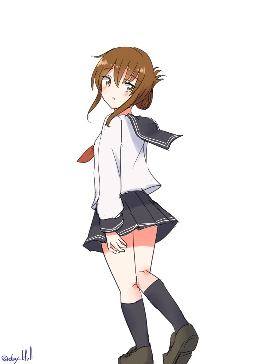 1girl, absurdres, black_sailor_collar, black_shorts, black_skirt, brown_eyes, brown_hair, folded_ponytail