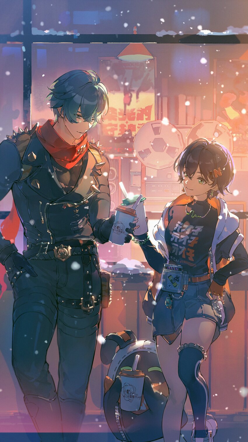 1boy, 1girl, absurdres, asymmetrical_legwear, bangboo_(zenless_zone_zero), belle_(zenless_zone_zero), black_gloves, black_jacket