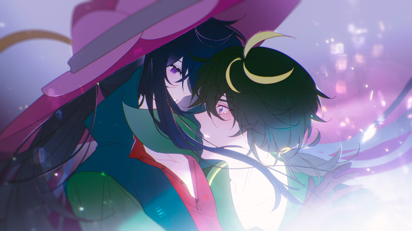 2boys, backlighting, bishounen, black_gloves, black_hair, blonde_hair, blue_jacket, buttons