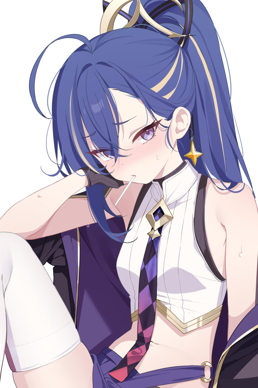 1girl, black_gloves, blonde_hair, blue_hair, blush, candy, cropped_shirt, deyui, food, food_in_mouth, gloves, hair_between_eyes, high_ponytail, highres, knee_up, lollipop, lollipop_in_mouth, long_hair, looking_at_viewer, midriff, minova_(stella_sora), multicolored_hair, navel, necktie, ponytail, shirt, simple_background, sleeveless, sleeveless_shirt, stella_sora, streaked_hair, sweat, thighhighs, white_background, white_shirt, white_thighhighs
