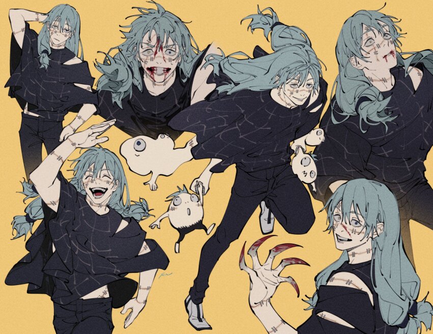 1boy, :/, ^_^, arm_behind_head, arm_up, black_pants, black_shirt, blood