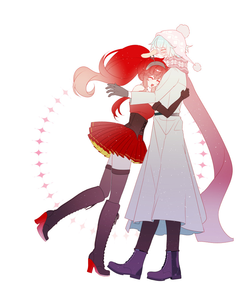 1boy, 1girl, :d, ^_^, absurdres, ankle_boots, bare_shoulders, beanie