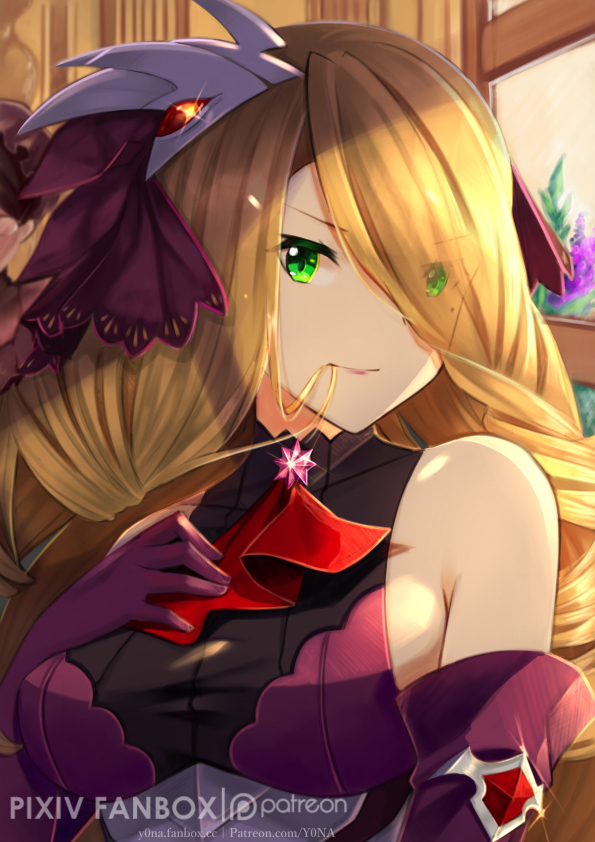 1girl, bare_shoulders, blonde_hair, breasts, chelle_(dragalia_lost), chelle_(gala)_(dragalia_lost), detached_sleeves, dragalia_lost