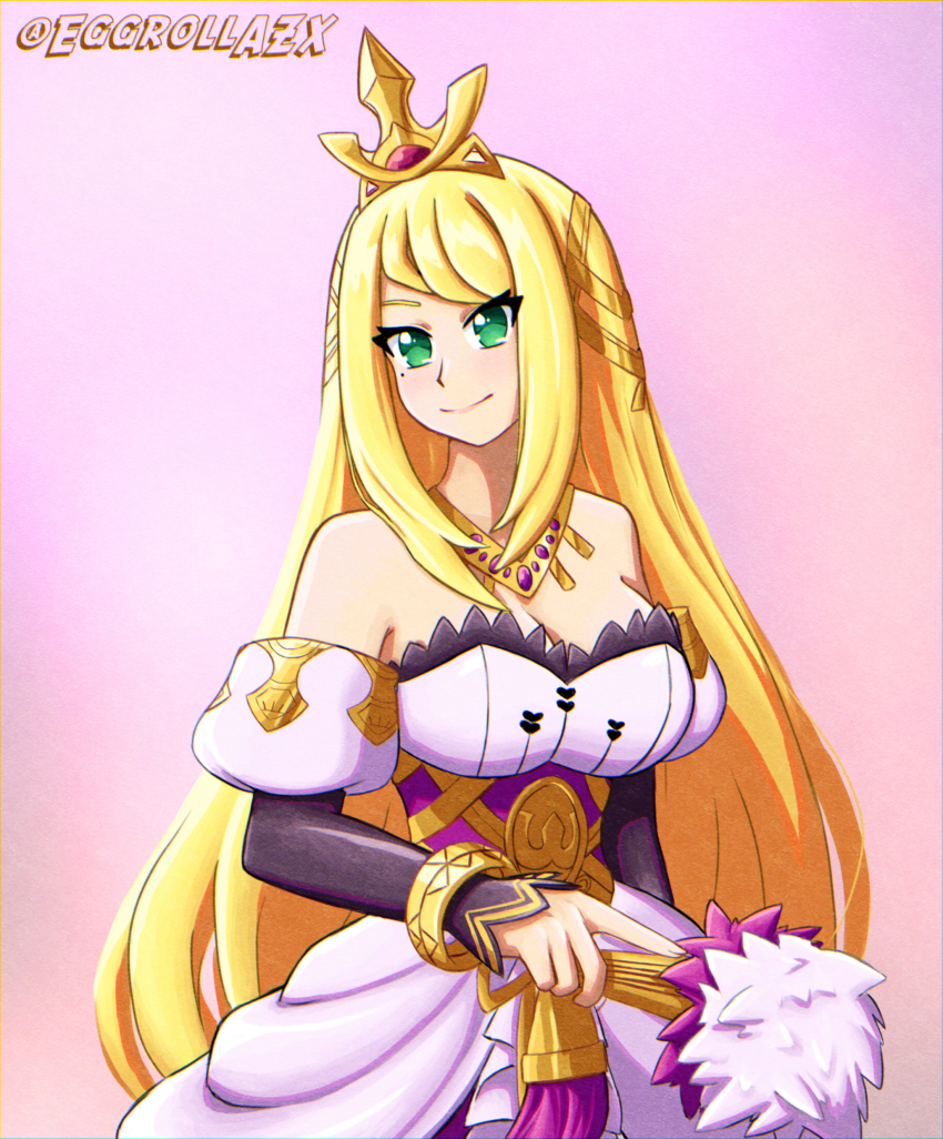1girl, absurdres, bare_shoulders, blonde_hair, breasts, chelle_(dragalia_lost), cleavage, crown