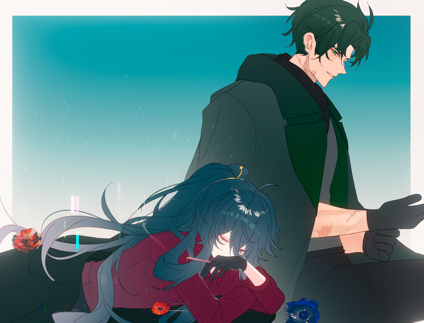 2boys, adjusting_clothes, adjusting_gloves, ahoge, aqua_background, between_fingers, bishounen, black_gloves