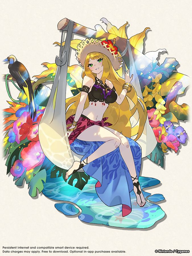 1girl, bare_shoulders, blonde_hair, bracelet, breasts, chelle_(dragalia_lost), chelle_(summer)_(dragalia_lost), copyright_name