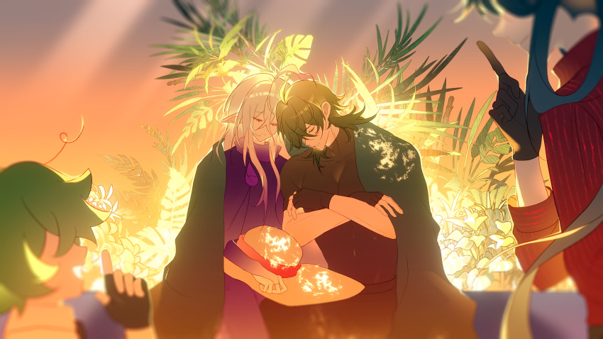 4boys, :d, ahoge, backlighting, black_gloves, black_shirt, blue_hair, brown_hat