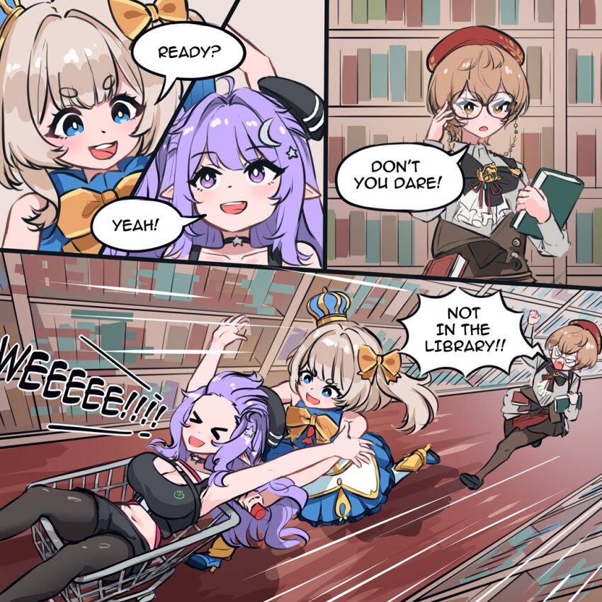 >_<, 3girls, ahoge, artist_request, ascot, beanie, beret, black_bow