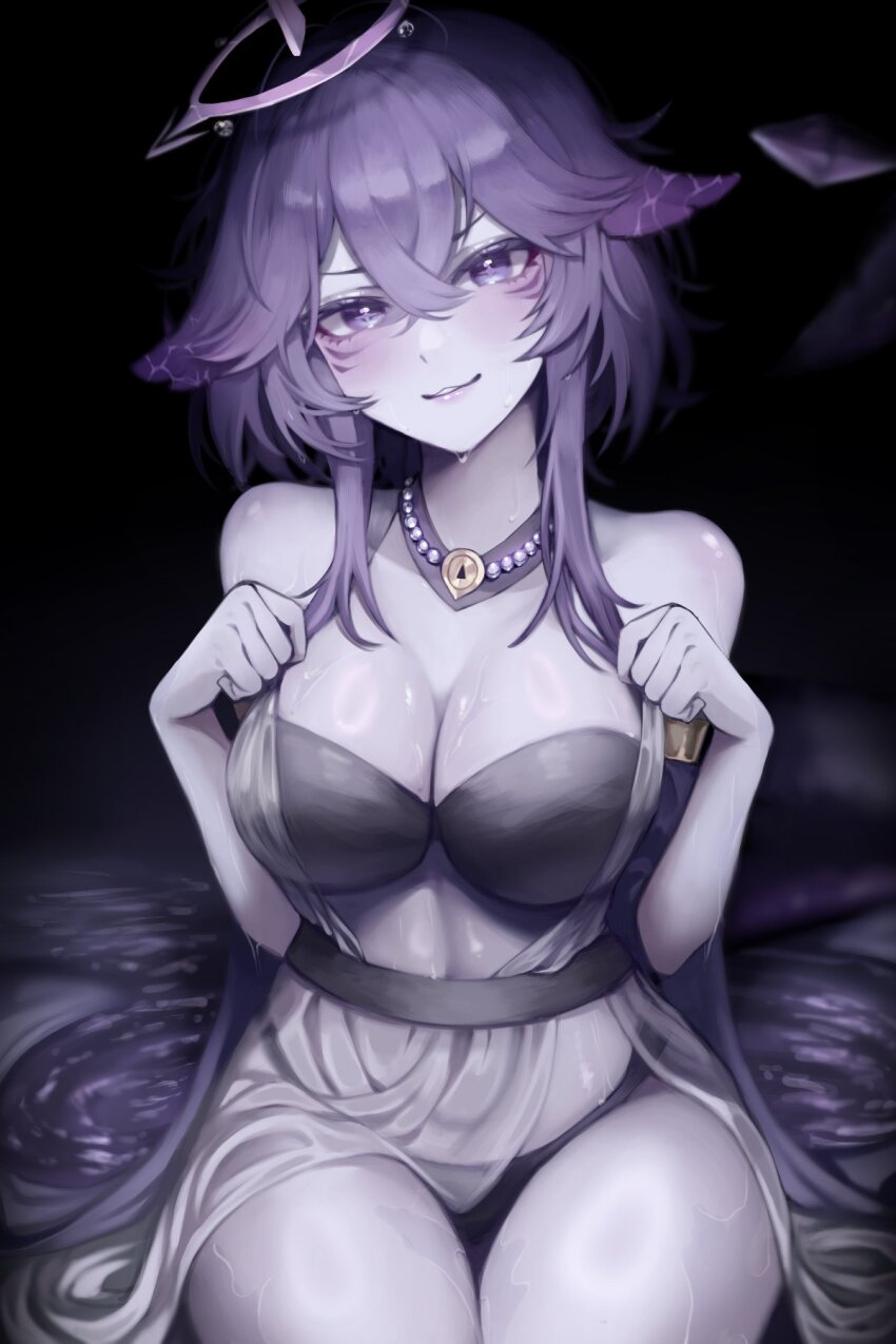 1girl, bikini, black_bikini, breasts, cleavage, closed_mouth, colored_skin, dress