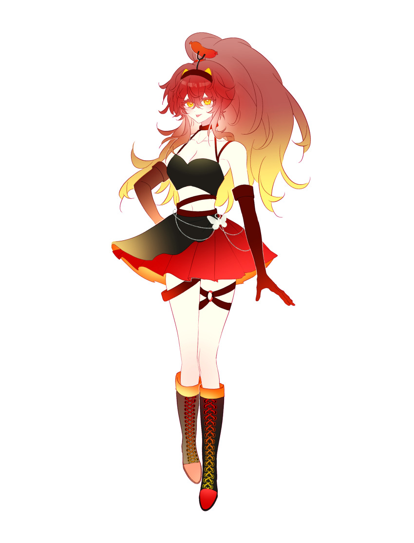 1girl, :p, absurdres, arm_at_side, bare_shoulders, black_boots, black_camisole, blonde_hair