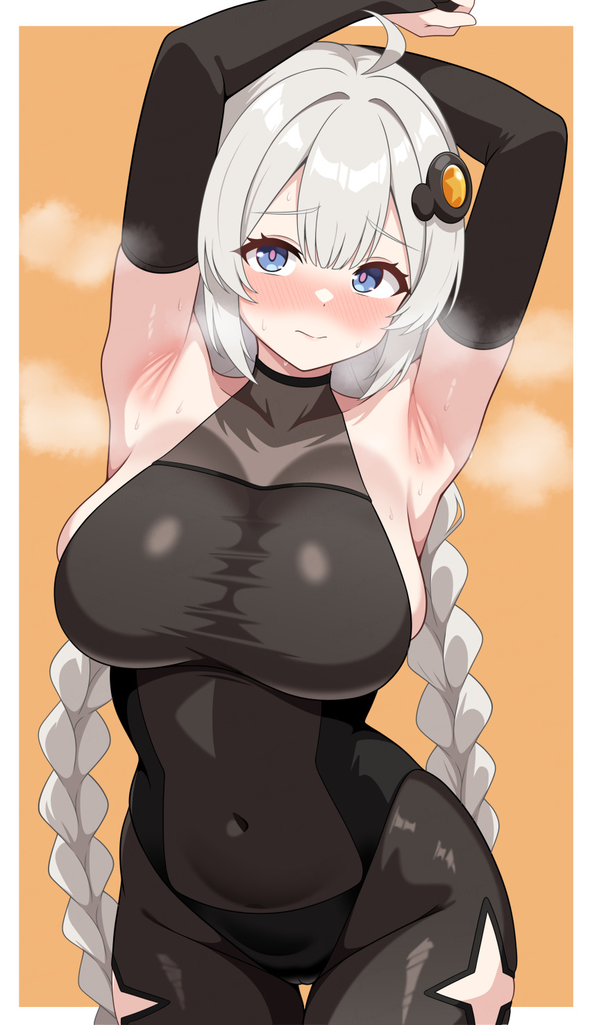 1girl, absurdres, armpits, arms_up, black_bodysuit, bodysuit, braid, breasts, bridal_gauntlets, closed_mouth, commentary_request, covered_navel, grey_hair, hair_ornament, highres, kizuna_akari, kizuna_akari_(vocaloid6), large_breasts, looking_at_viewer, shiguren_39, sleeveless, sleeveless_bodysuit, solo, sweat, thigh_gap, twin_braids, voiceroid