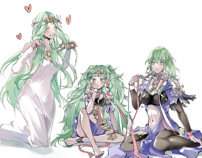 3girls, blush, braid, breasts, cleavage, closed_eyes, closed_mouth, clothing_cutout, cosplay, dress, female_byleth_(awakened)_(fire_emblem), female_byleth_(fire_emblem), female_byleth_(sothis_regalia)_(fire_emblem), fire_emblem, fire_emblem:_three_houses, fire_emblem_heroes, flower, green_eyes, green_hair, hair_flower, hair_ornament, hair_ribbon, jewelry, large_breasts, leggings, long_hair, looking_at_viewer, midriff, mother_and_child, mother_and_daughter, multiple_girls, navel, nintendo, official_alternate_costume, official_alternate_hair_color, open_mouth, parent_and_child, pointy_ears, rhea_(aura_of_love)_(fire_emblem), rhea_(fire_emblem), ribbon, ribbon_braid, simple_background, smile, sothis_(fire_emblem), sothis_(fire_emblem)_(cosplay), tiara, very_long_hair, white_background, white_dress, zat_296