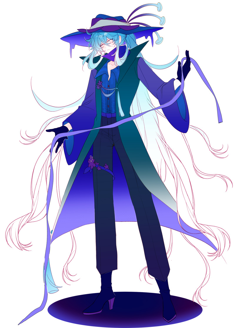 1boy, absurdly_long_hair, absurdres, ankle_boots, black_gloves, black_pants, blue_boots, blue_coat