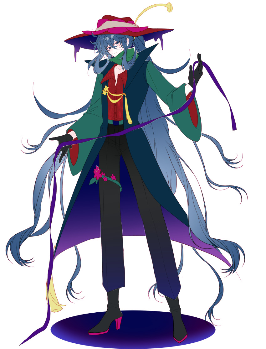 1boy, absurdly_long_hair, absurdres, belt, black_boots, black_gloves, black_pants, blue_coat