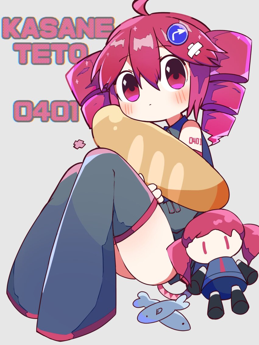 1girl, ahoge, baguette, bandaid_on_hair, black_shirt, black_sleeves, black_thighhighs, blush