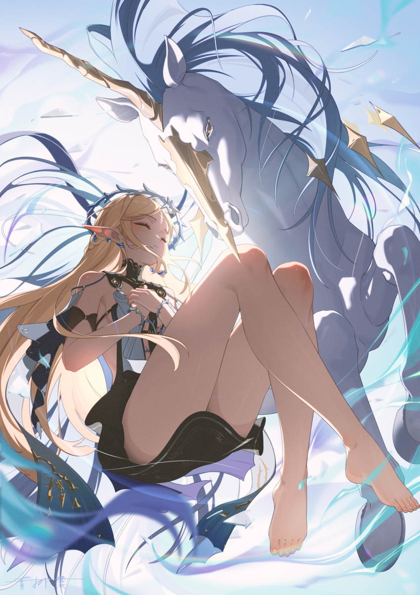 1girl, bare_legs, bare_shoulders, barefoot, black_collar, black_dress, blonde_hair, cartethyia_(wuthering_waves)