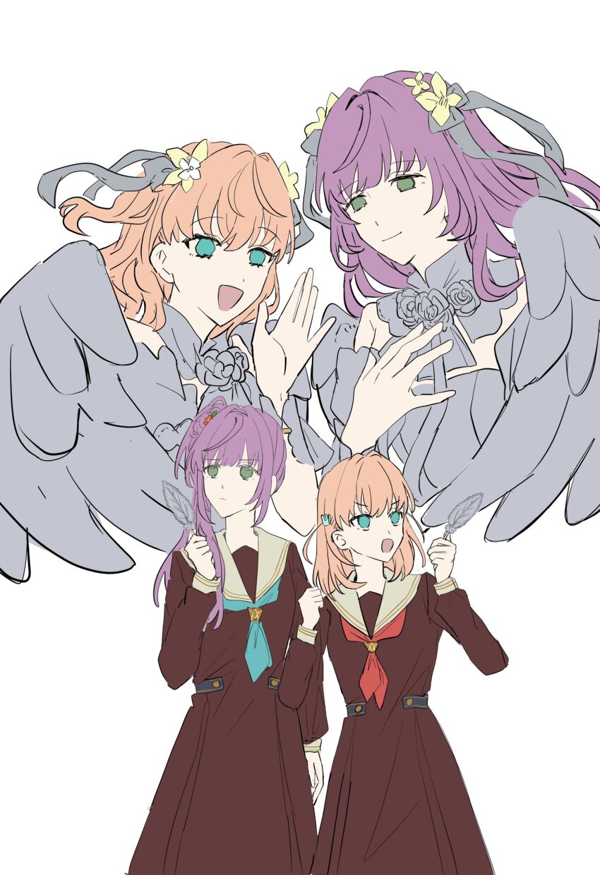 4girls, :d, angel, angel_wings, aqua_eyes, aqua_neckerchief, bare_shoulders, brown_dress
