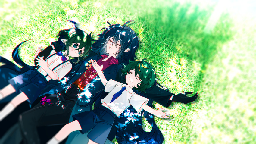 3boys, absurdly_long_hair, aged_down, ahoge, androgynous, aqua_eyes, arm_around_shoulder, black_pants