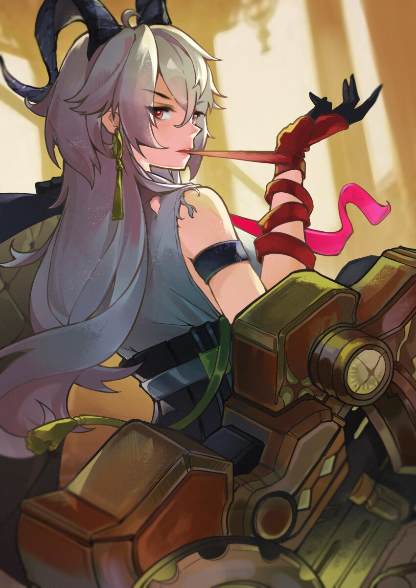 1girl, ahoge, arm_strap, black_gloves, black_horns, commentary, curled_horns, earrings