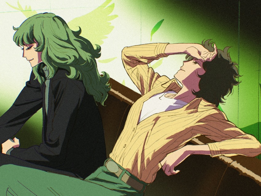 2girls, 55bata6rou, asaka_rei, belt, black_hair, black_jacket, brown_hair, closed_eyes, collared_shirt, couch, curly_hair, eyelashes, feathers, film_grain, from_side, green_hair, green_pants, hand_on_own_forehead, highres, indoors, jacket, leaning_back, long_hair, long_sleeves, multiple_girls, on_couch, oniisama_e..., orihara_kaoru, pants, profile, shirt, short_hair, sitting, smile, white_shirt, yellow_shirt