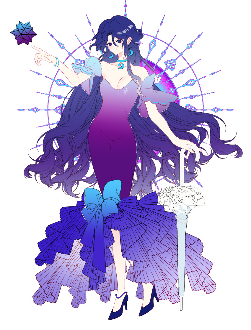 1girl, absurdres, anklet, arm_at_side, arm_support, bare_shoulders, blue_bow, blue_choker