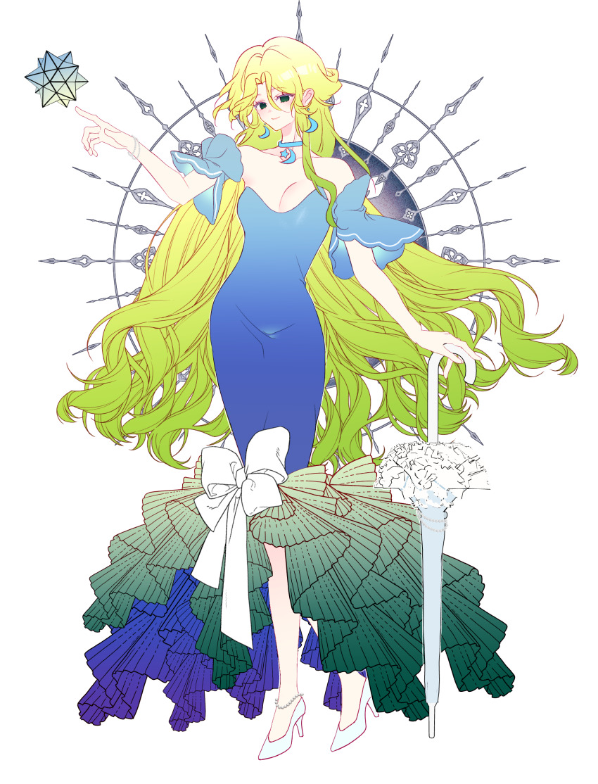 1girl, absurdres, anklet, arm_at_side, arm_support, bare_shoulders, blonde_hair, blue_choker