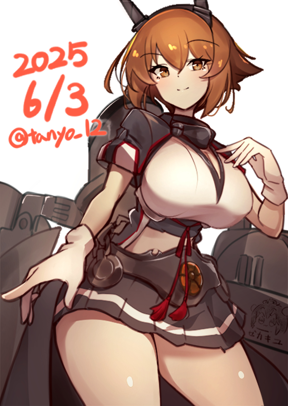 1girl, black_skirt, breasts, brown_hair, capelet, closed_mouth, collar, cowboy_shot