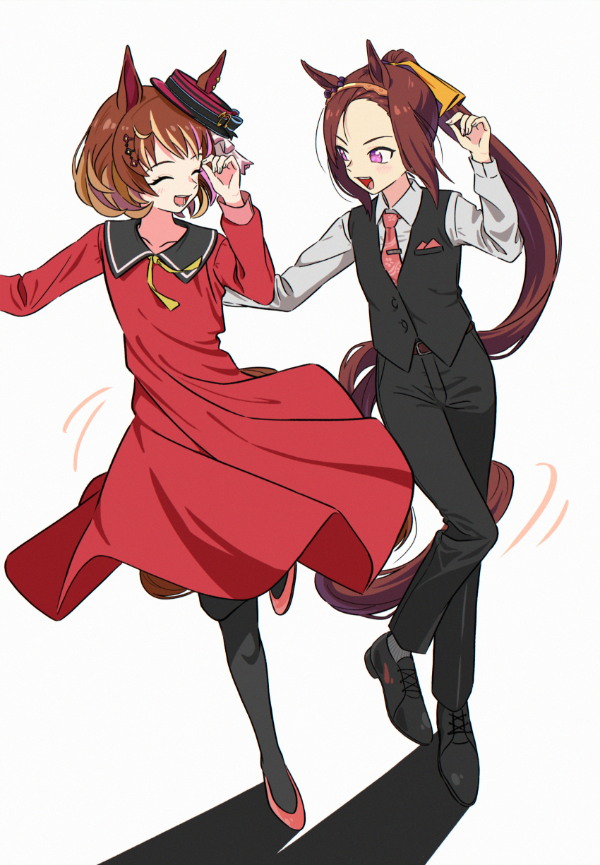 2girls, absurdres, animal_ears, appleq, belt, black_pantyhose, black_vest, blush