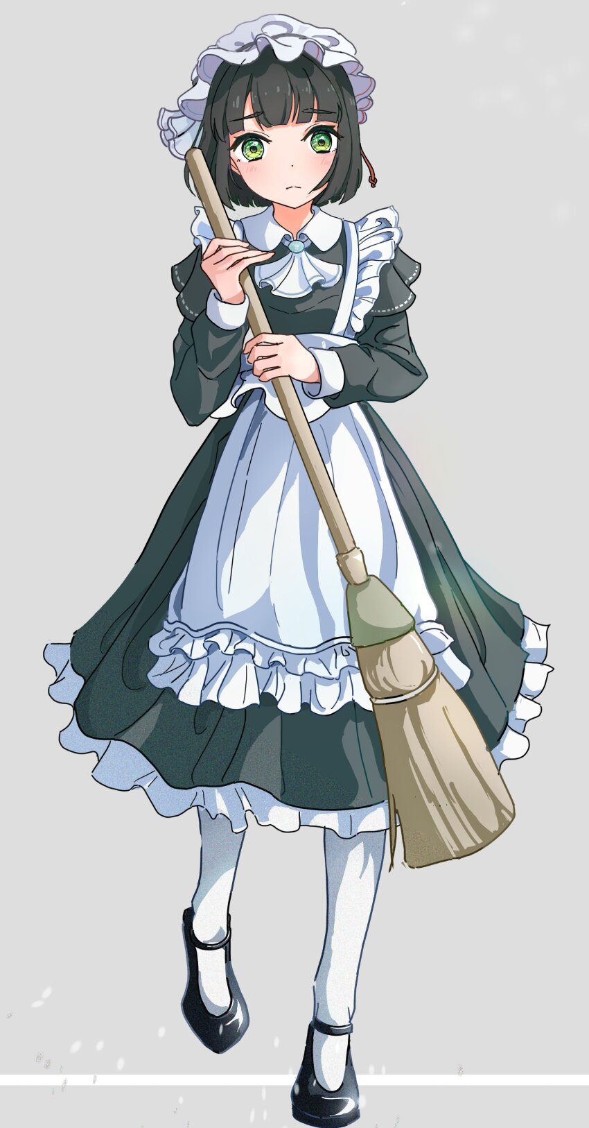 1girl, absurdres, alternate_costume, apron, ascot, black_dress, black_hair, blunt_bangs