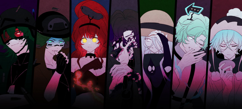 1girl, 3:, 6+boys, ;d, adjusting_clothes, adjusting_headwear, androgynous, aqua_hair, arrow_(symbol), bare_shoulders, beanie, biting, biting_own_thumb, black_choker, black_gloves, black_hairband, black_hat, black_shirt, blue_hair, breasts, brown_dress, brown_gloves, brown_hat, brown_jacket, cheek_tattoo, chinese_commentary, choker, cleavage, clenched_teeth, closed_eyes, closed_mouth, collarbone, collared_shirt, colored_sclera, column_lineup, commentary_request, covering_one_eye, crossed_bangs, double-parted_bangs, dress, elbow_gloves, electric_peashooter, film_grain, fingerless_gloves, fingernails, fire_peashooter, flipped_hair, food, frown, gatling_pea_(plants_vs._zombies), gloves, glowing, glowing_eyes, goggles, goo_peashooter, green_hair, green_jacket, grin, hair_between_eyes, hair_over_one_eye, hairband, hand_up, hat, high_ponytail, highres, jacket, lanyard, large_breasts, long_hair, long_sleeves, multiple_boys, no_pupils, official_alternate_costume, one_eye_closed, open_clothes, open_jacket, open_mouth, pale_skin, personification, plants_vs._zombies, plants_vs._zombies_2, poison, pom_pom_(clothes), pom_pom_beanie, ponytail, purple_hair, purple_sclera, red-tinted_eyewear, red_eyes, red_hair, rrtion, sausage, shadow_peashooter_(plants_vs._zombies), shirt, short_hair, sign, simple_background, smile, snow_pea_(plants_vs._zombies), star_(symbol), strapless, strapless_dress, sun_hat, sweatdrop, tattoo, teeth, tinted_eyewear, turtleneck, turtleneck_shirt, u_u, upper_body, white_eyes, yellow_eyes