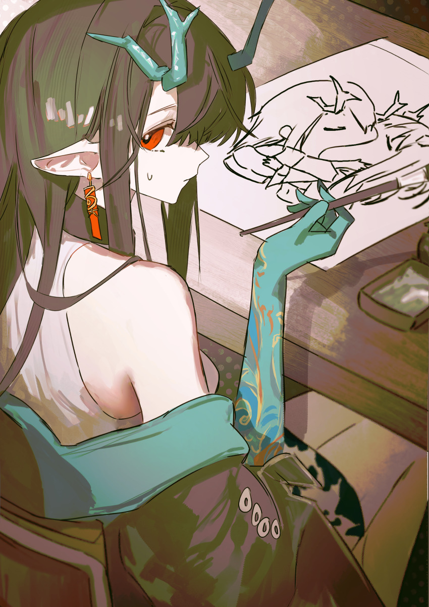 1girl, absurdres, arknights, black_hair, commentary, dragon_girl, dragon_horns, dusk_(arknights)