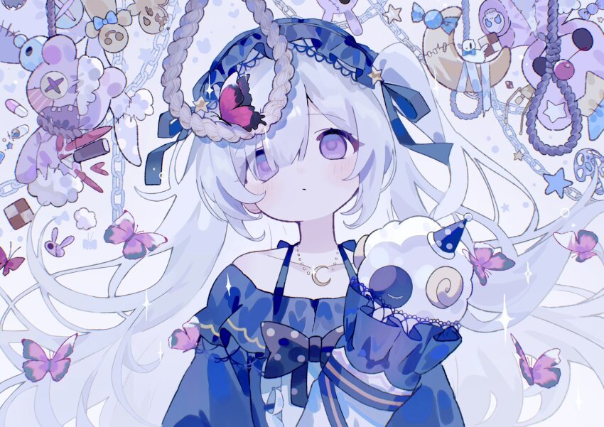 1girl, bare_shoulders, blue_dress, blue_hairband, blue_ribbon, bug, butterfly, candy, chain, checkerboard_cookie, closed_mouth, cookie, crescent, crescent_necklace, dress, expressionless, food, gingerbread_man, hair_between_eyes, hair_ribbon, hairband, highres, insect, jewelry, lolita_hairband, long_hair, looking_at_viewer, mahou_shoujo_no_majo_saiban, natsume_an-an, necklace, noose, pill, purple_eyes, ribbon, simple_ice, solo, star_(symbol), stuffed_animal, stuffed_toy, stuffing, teddy_bear, upper_body, white_hair, zombie